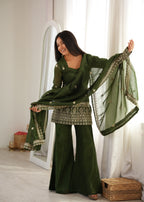 Wedding Special Mehendi Crunchy Silk Kurta Pant & Dupatta Set
