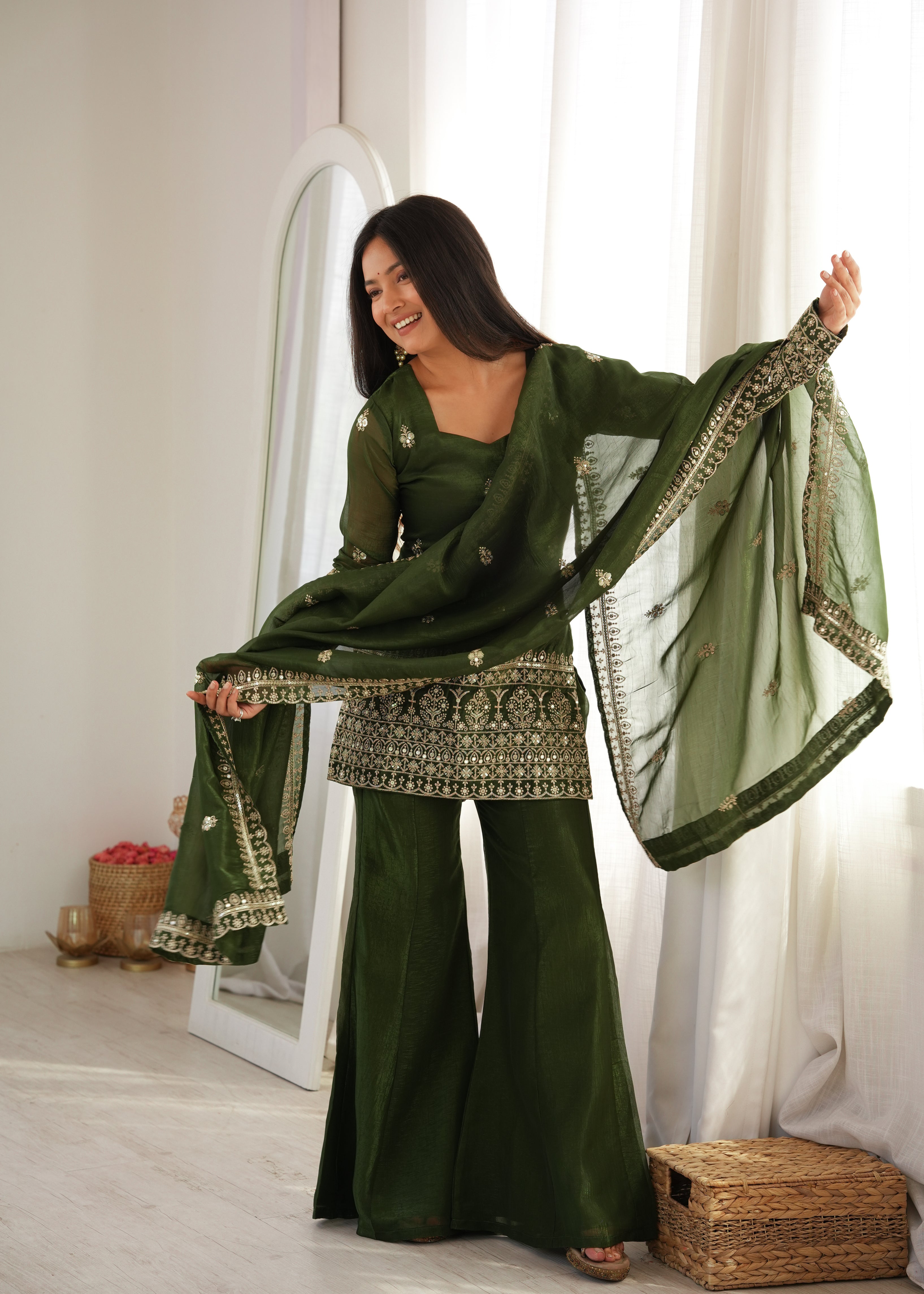 Wedding Special Mehendi Crunchy Silk Kurta Pant & Dupatta Set
