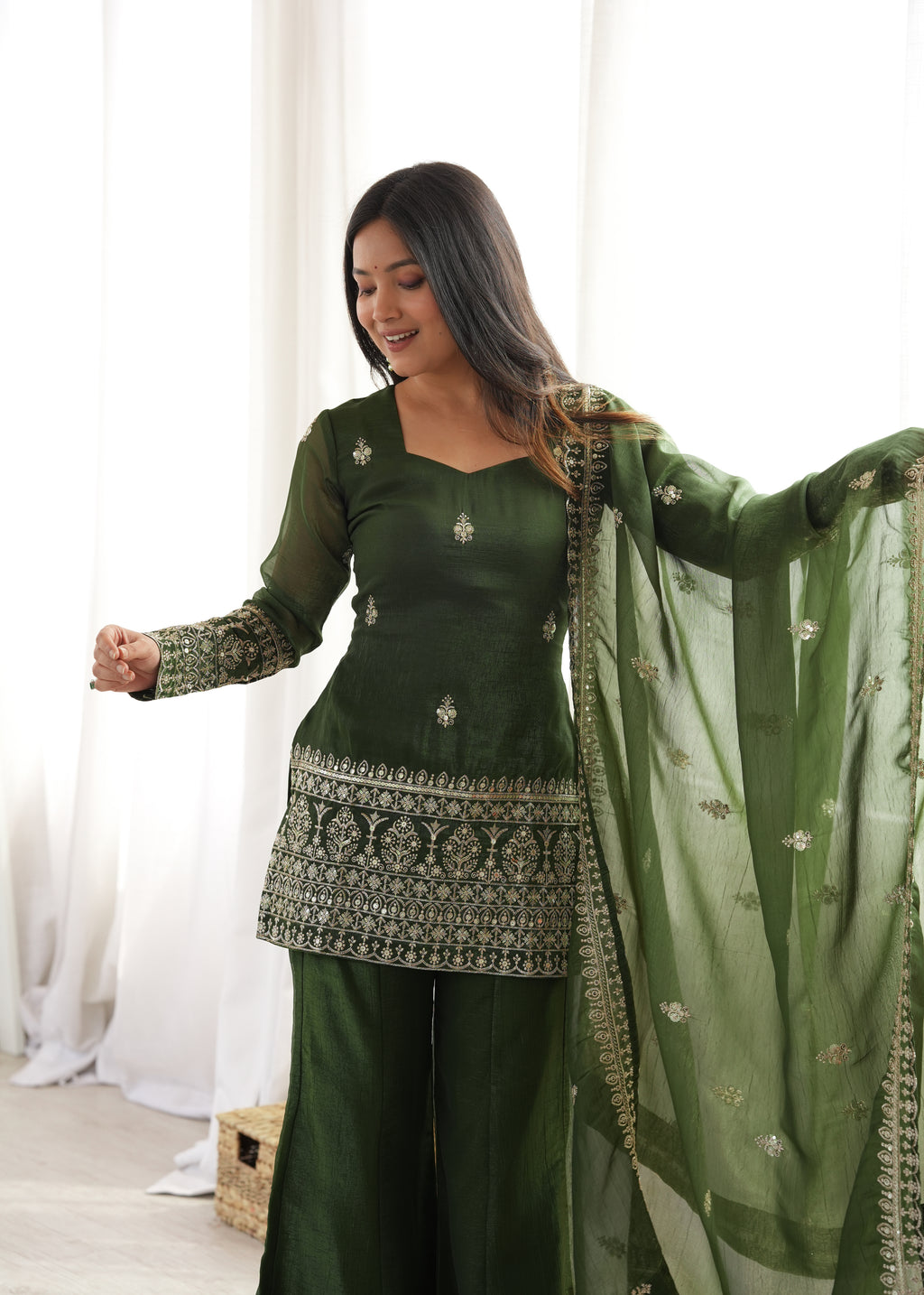 Wedding Special Mehendi Crunchy Silk Kurta Pant & Dupatta Set

