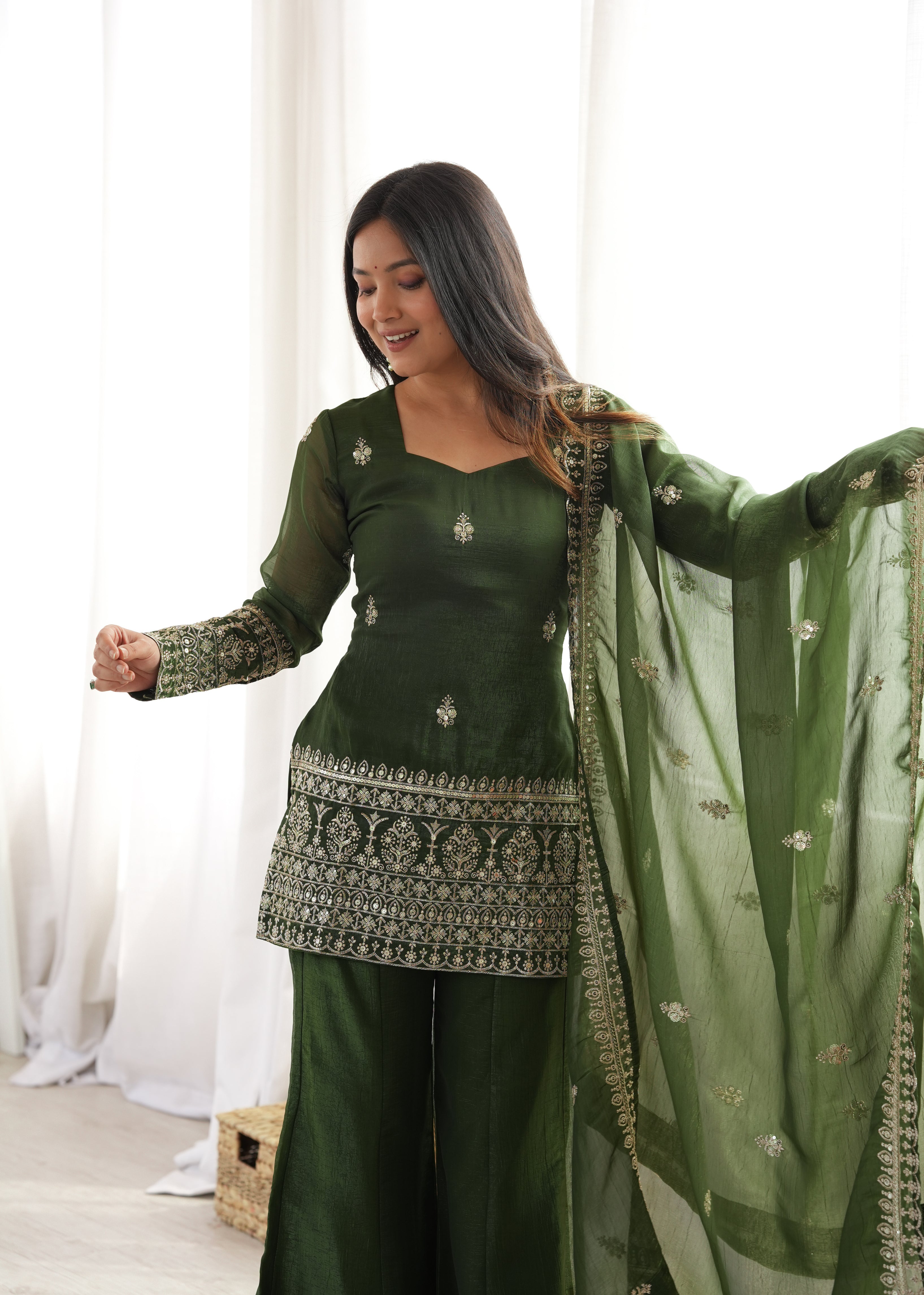 Wedding Special Mehendi Crunchy Silk Kurta Pant & Dupatta Set
