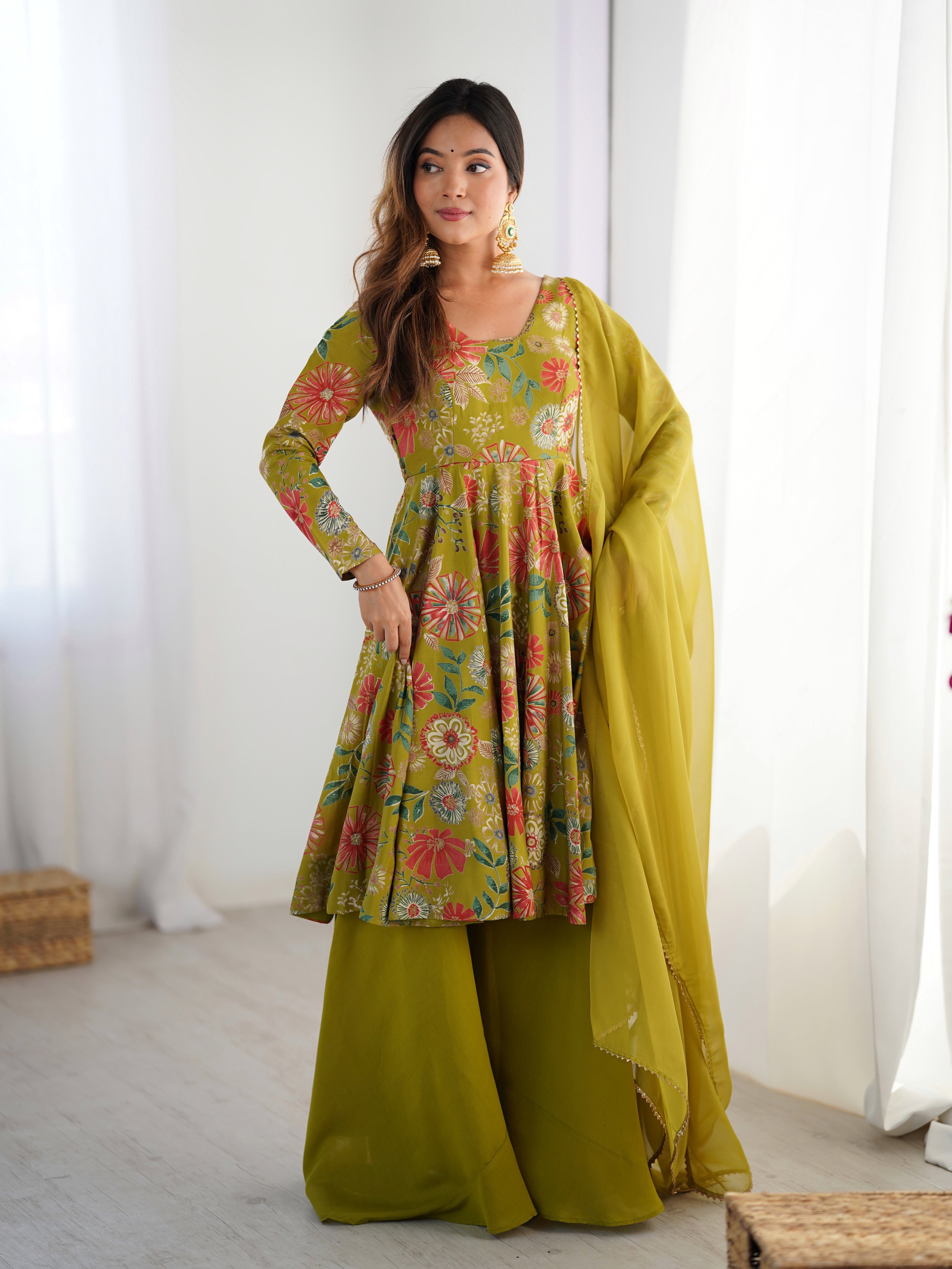 The Charm of Vibrant Traditions Top & Palazzo Suit Set - Mehendi