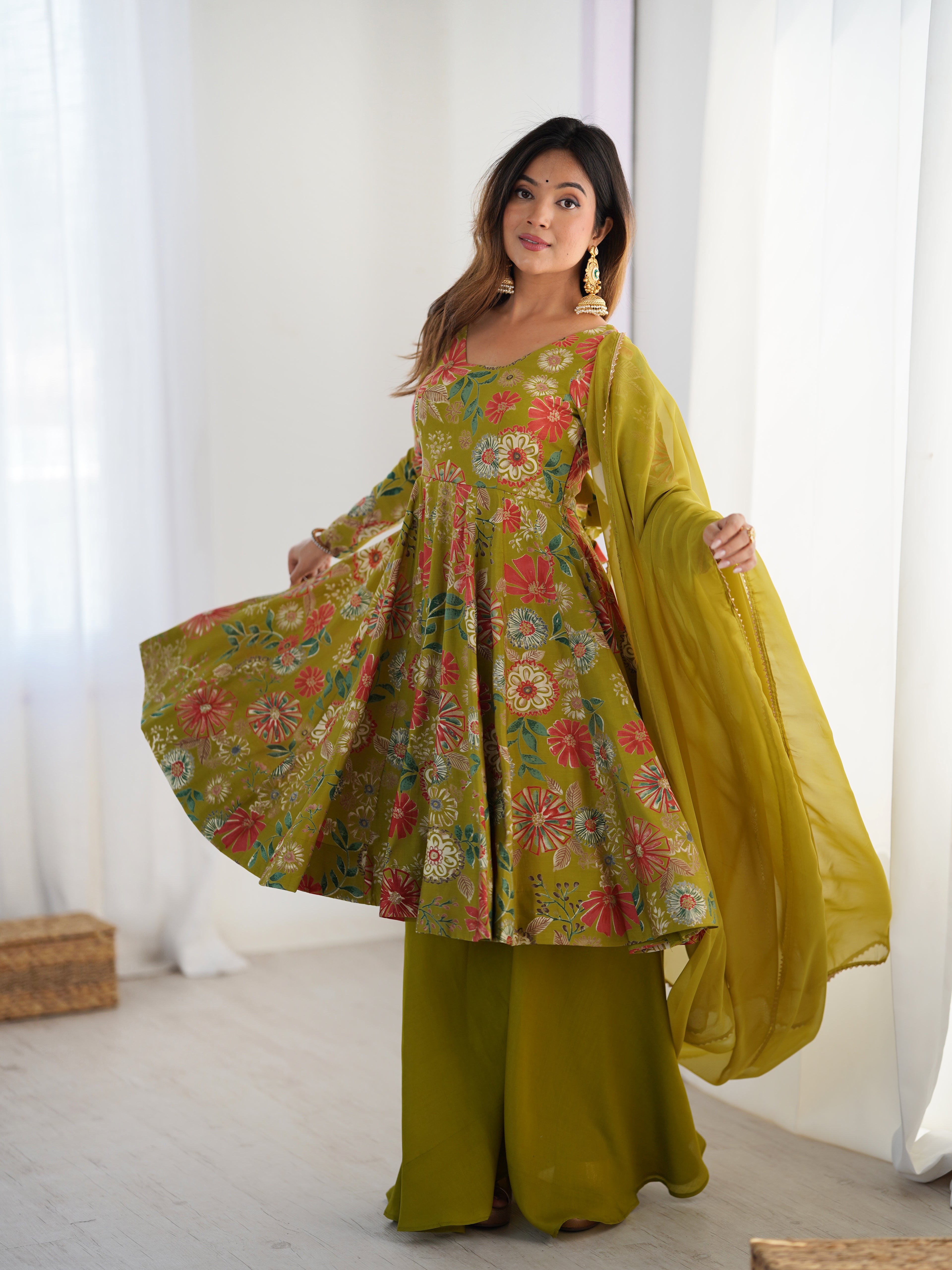 The Charm of Vibrant Traditions Top & Palazzo Suit Set - Mehendi

