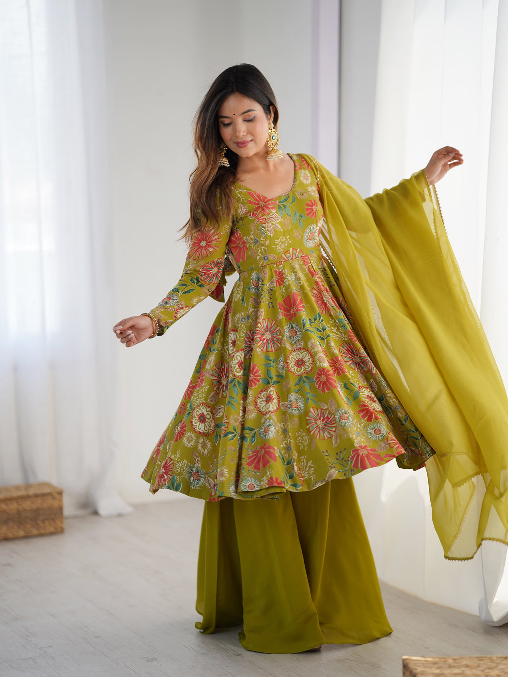 The Charm of Vibrant Traditions Top & Palazzo Suit Set - Mehendi
