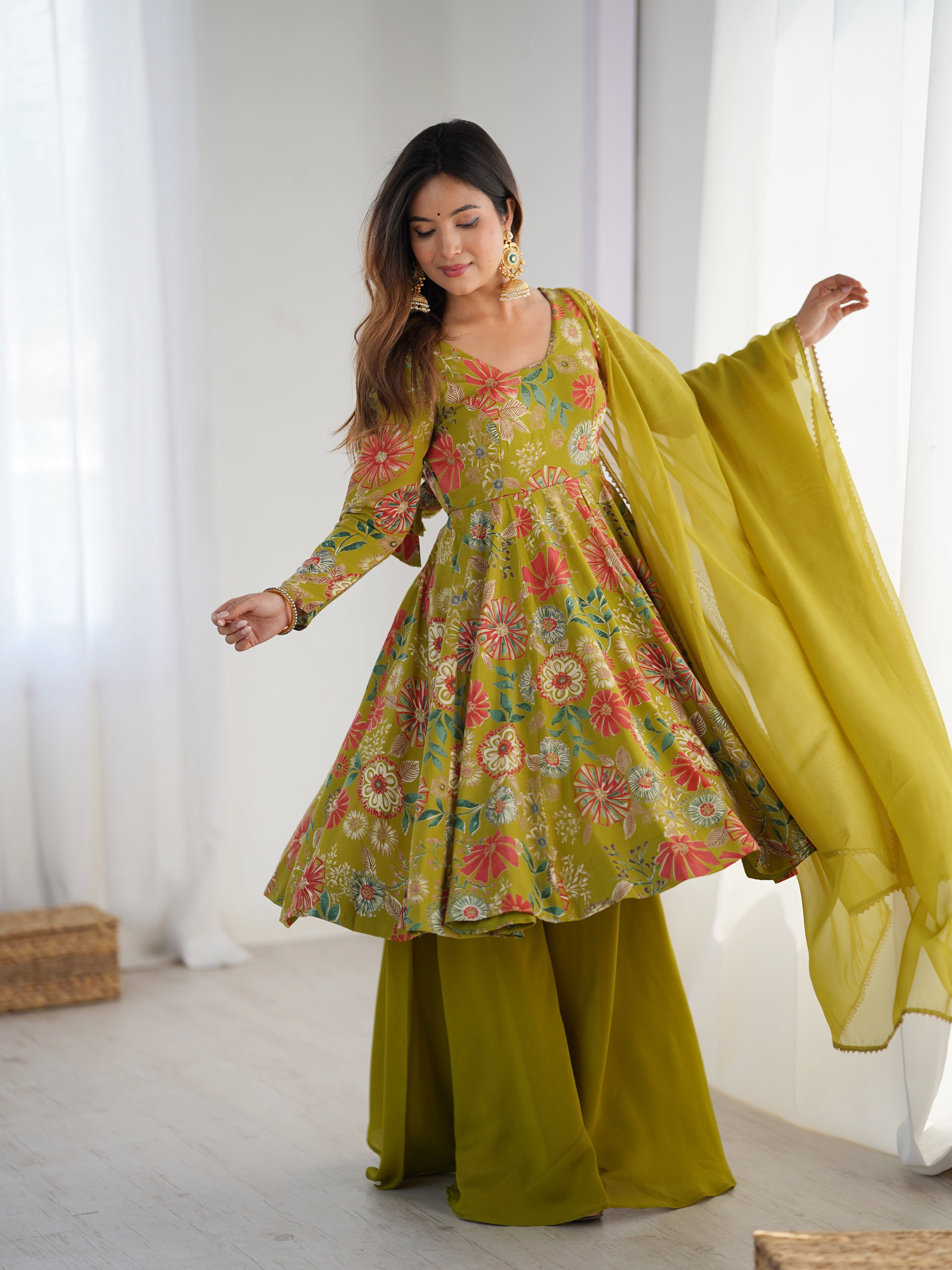 The Charm of Vibrant Traditions Top & Palazzo Suit Set - Mehendi
