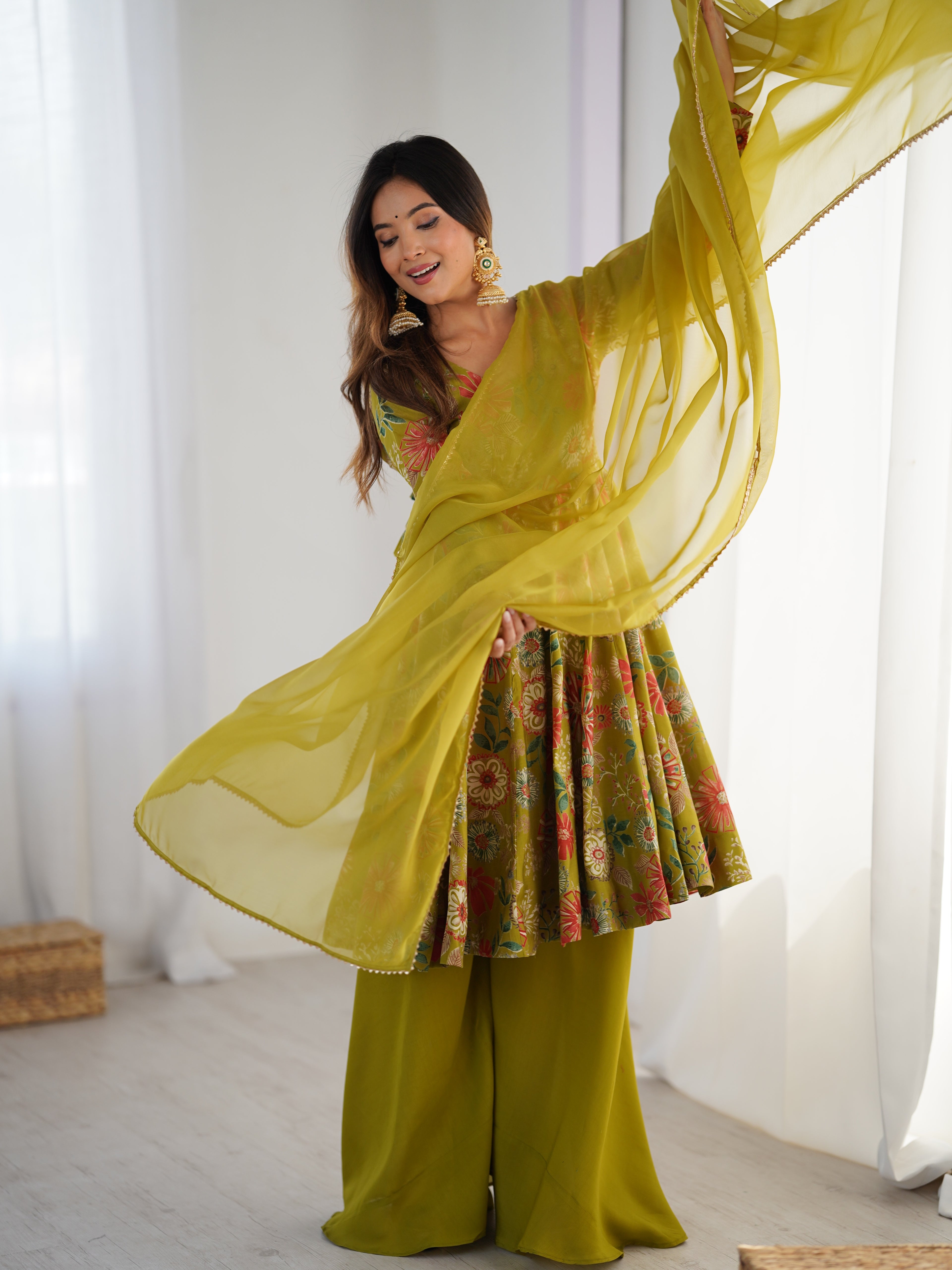 
The Charm of Vibrant Traditions Top & Palazzo Suit Set - Mehendi