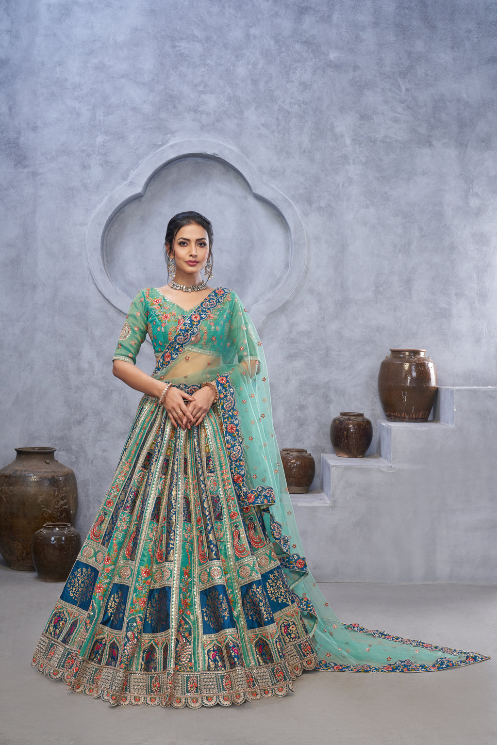 Premium Art Silk Mehndi Embroidered Lehenga with Dupatta