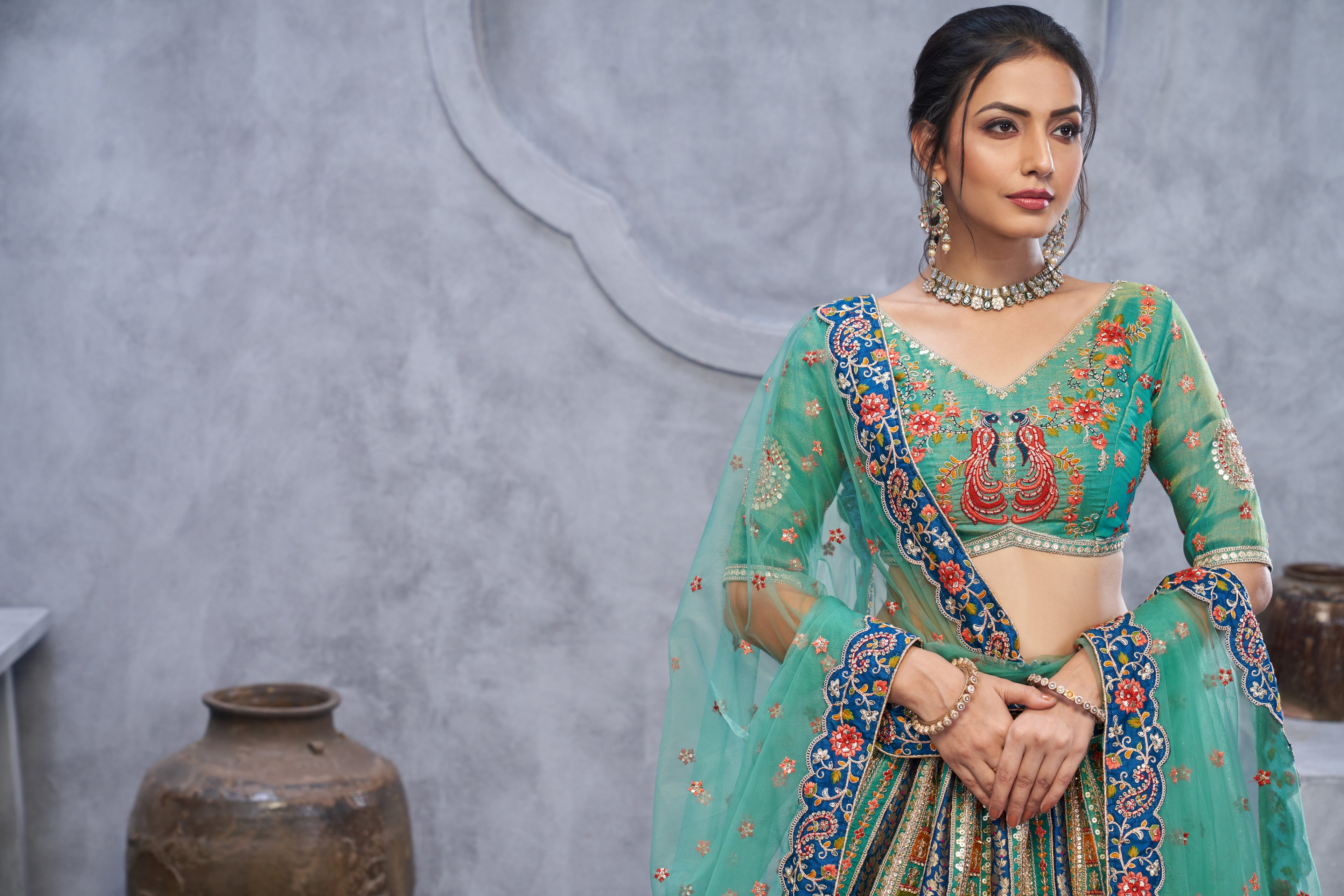 Premium Art Silk Mehndi Embroidered Lehenga with Dupatta
