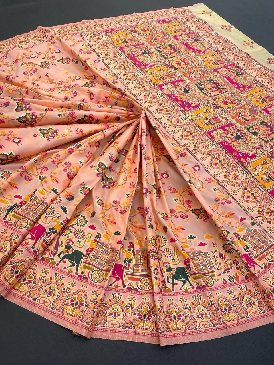 Mellifluous Peach Pashmina Saree With Improbable Blouse Piece