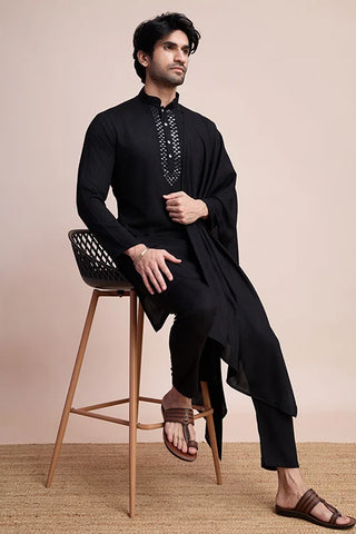 Black Designer Kurta Set with Mirror Work for Men