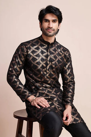 Royal Black Color Silk Kurta with Heavy Thread & Hand Work