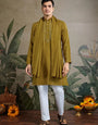Silk Party Wear Rust Yellow Jari Work Kurta & Dupatta for Men's