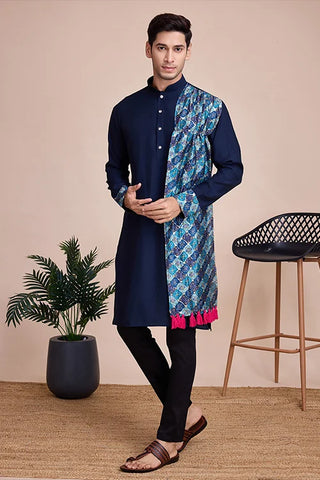 Men's Wear Special Print With Sequins Work Kurta With Attach Dupatta