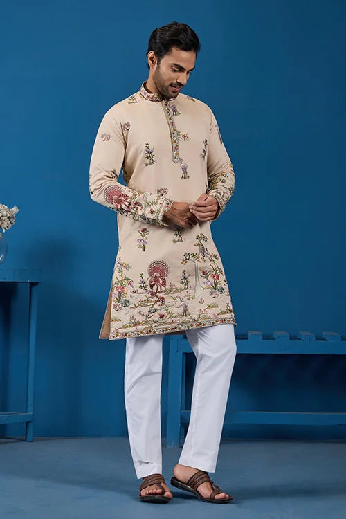 Perfect Festive Choice Beige Ethnic Kurta for Mens Wear