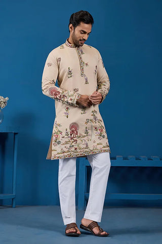 Perfect Festive Choice Beige Ethnic Kurta for Mens Wear