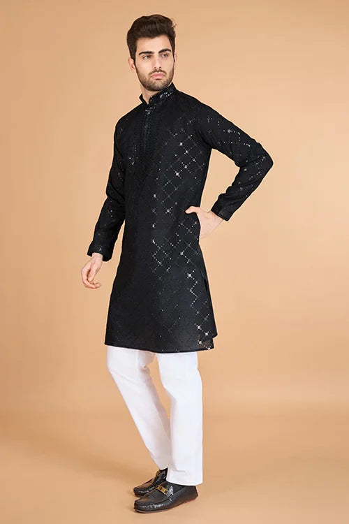 Black Color Kurta with Dupatta for Mens Wear