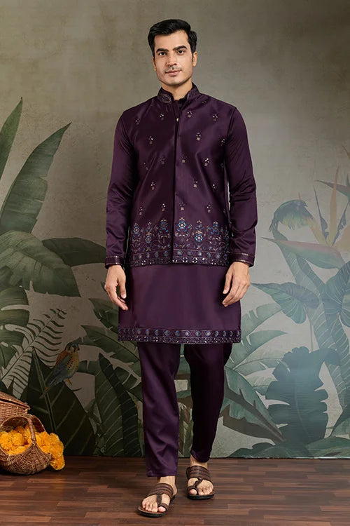 Wedding Special Purple Kurta Koti Set for Men