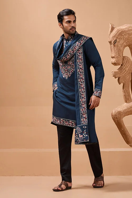 Elegant Teal Blue Kurta with Dupatta for Mens Wear