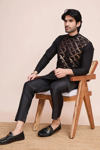 Black Silk Embroidered Work Designer Men's Wear Kurta