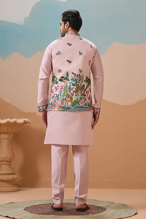 Classy Light Pink Mens Koti Kurta for Wedding Celebrations