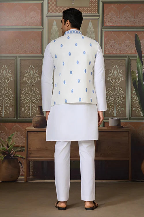 Traditional White Kurta Blue Koti Pajama for Men