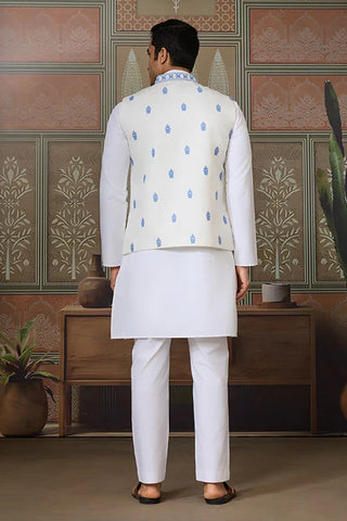 Traditional White Kurta Blue Koti Pajama for Men