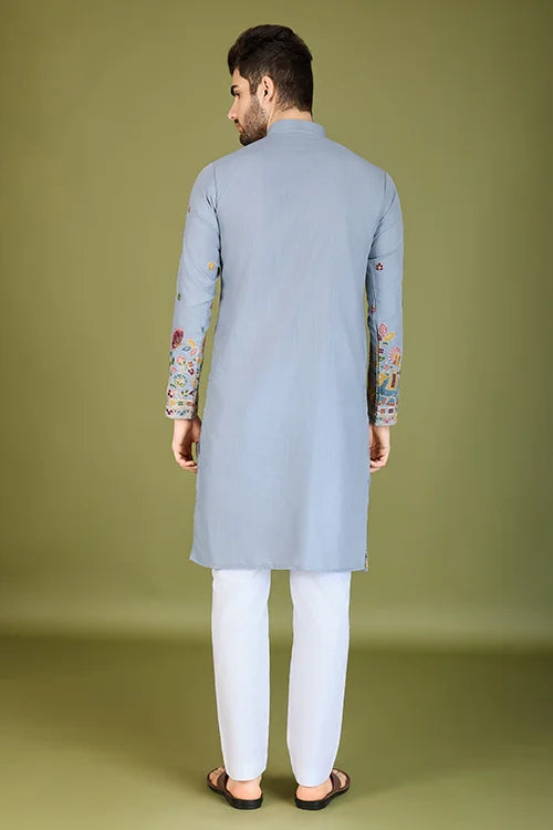 Sky Color Thread with Embroidered Cotton Gents Kurta