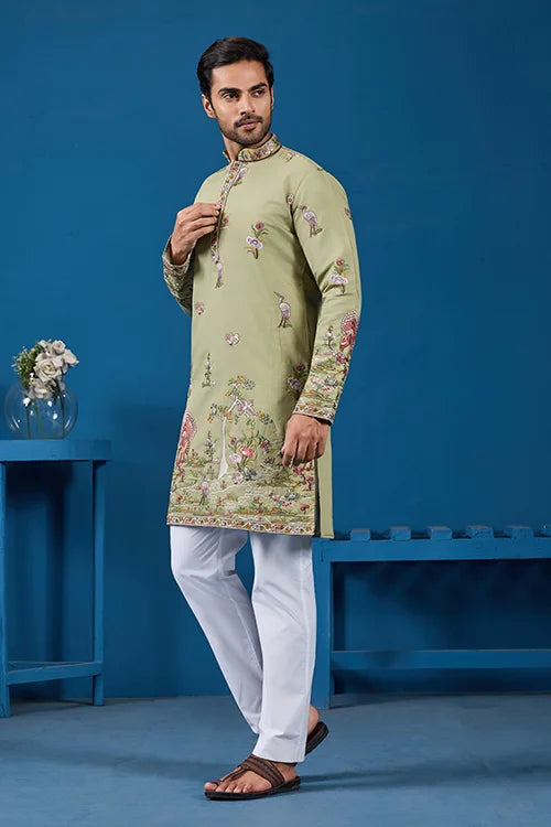 Traditional Pista Green Embroidered Kurta for Men