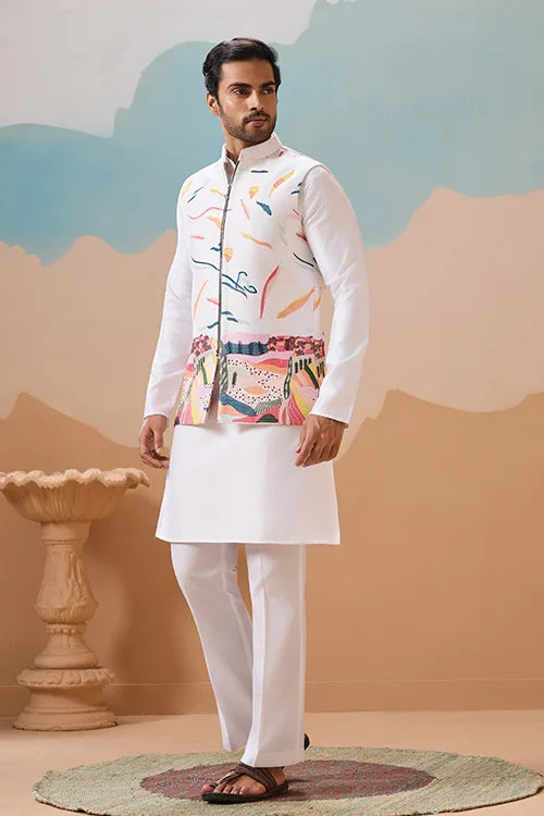 White Wedding Wear Carnival Koti Kurta Pair for Mens Wear
