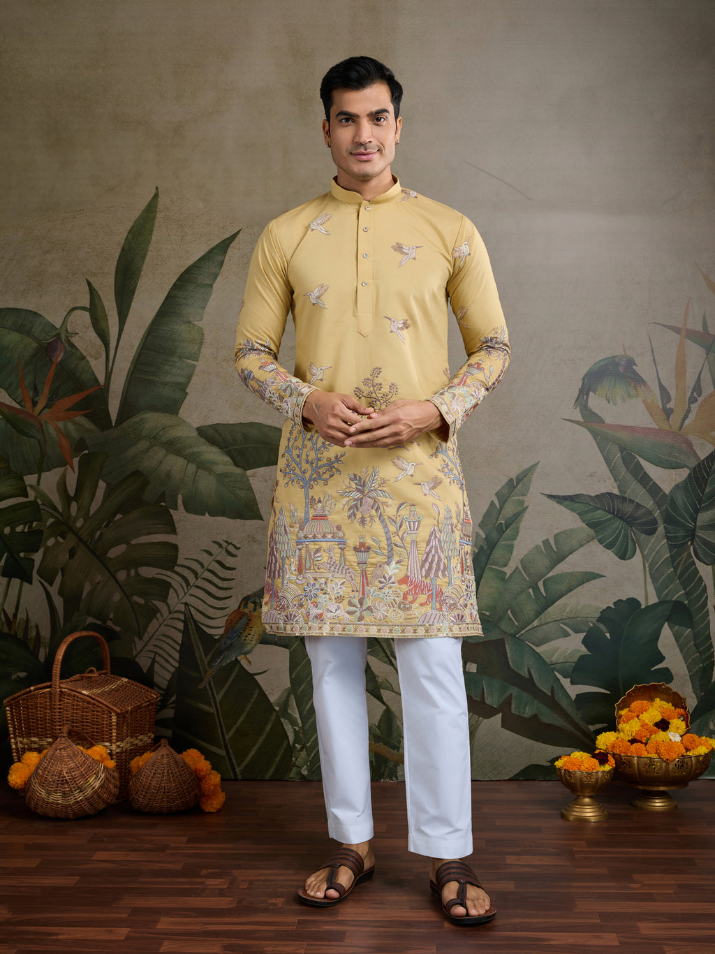 Yellow Viscose Silk Mens kurta for haldi ceremony
