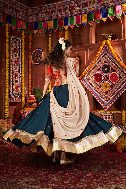 Teal Blue Mirror Chaniya Choli Set for Dandiya Night