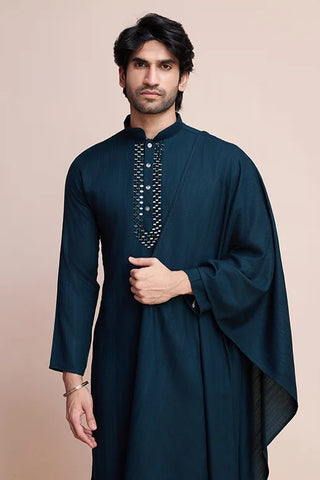 Teal Blue Kurta Set for Men with Mirror Work Design