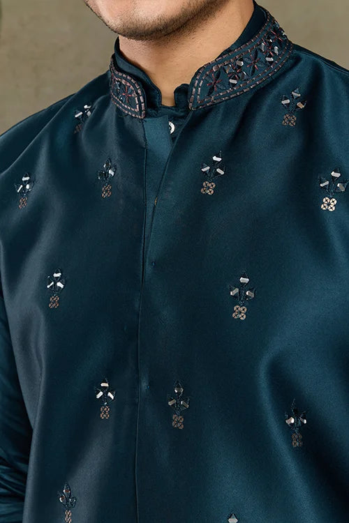Teal Blue Embroidered Kurta Koti Set for Men