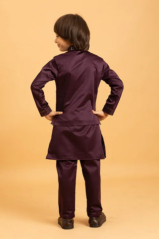 Purple Mirror Work Koti Kurta Set for Boys