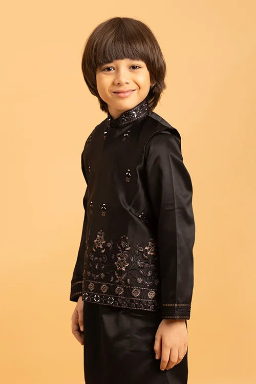 Traditional Black Mirror Work Koti Kurta Set for Boys