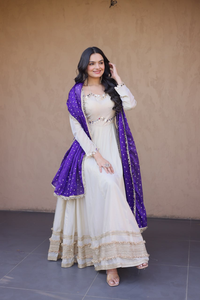 Traditional Mirror Work Cosmos Gown Set With Designer Lace Dupatta
