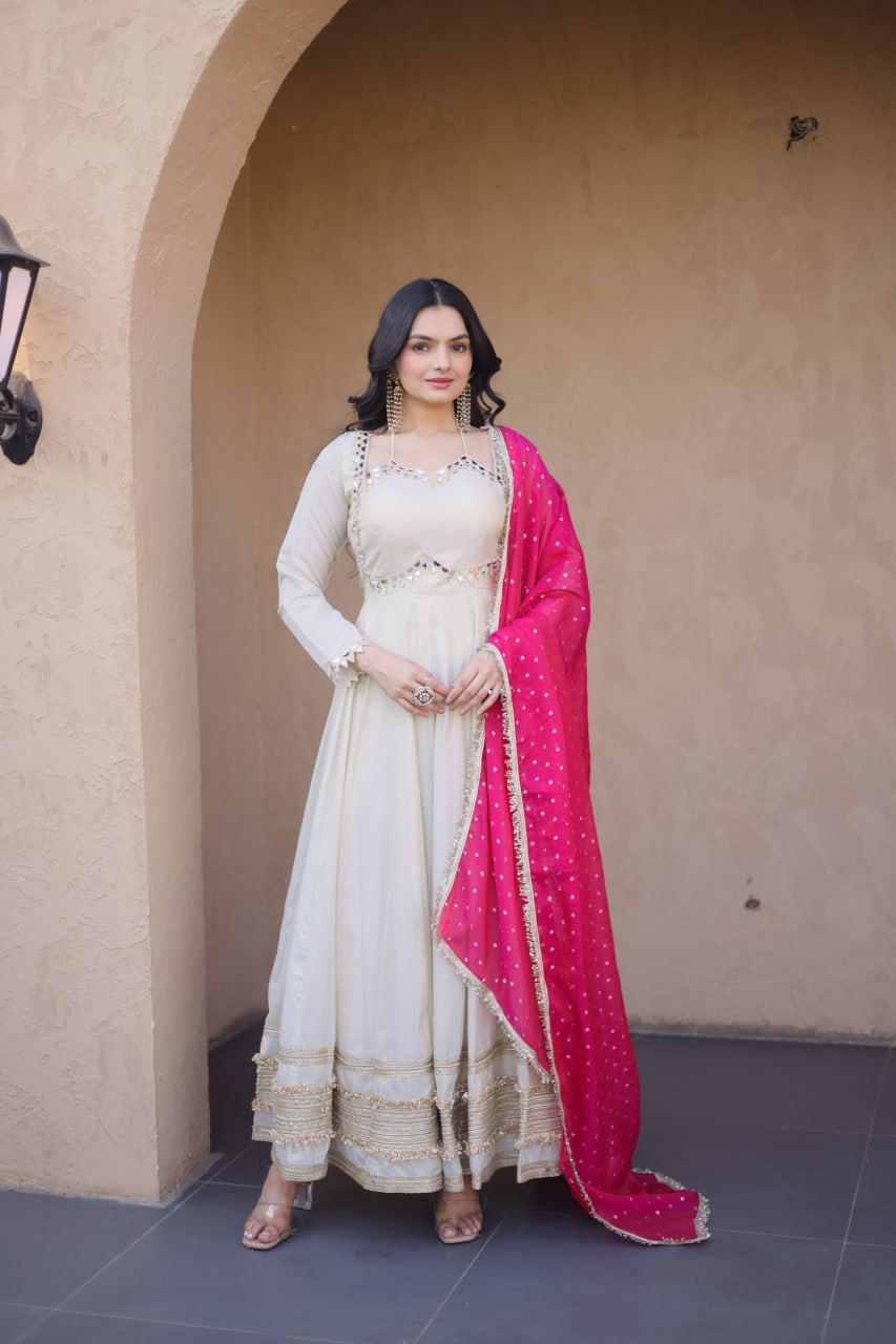 Traditional Mirror Work Cosmos Gown Set With Designer Lace Dupatta
