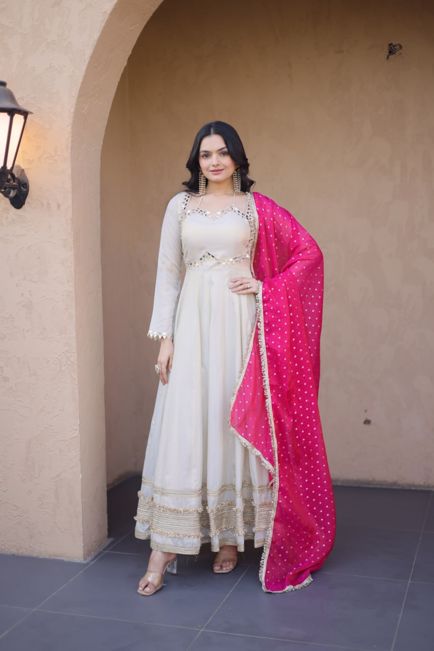 Traditional Mirror Work Cosmos Gown Set With Designer Lace Dupatta
