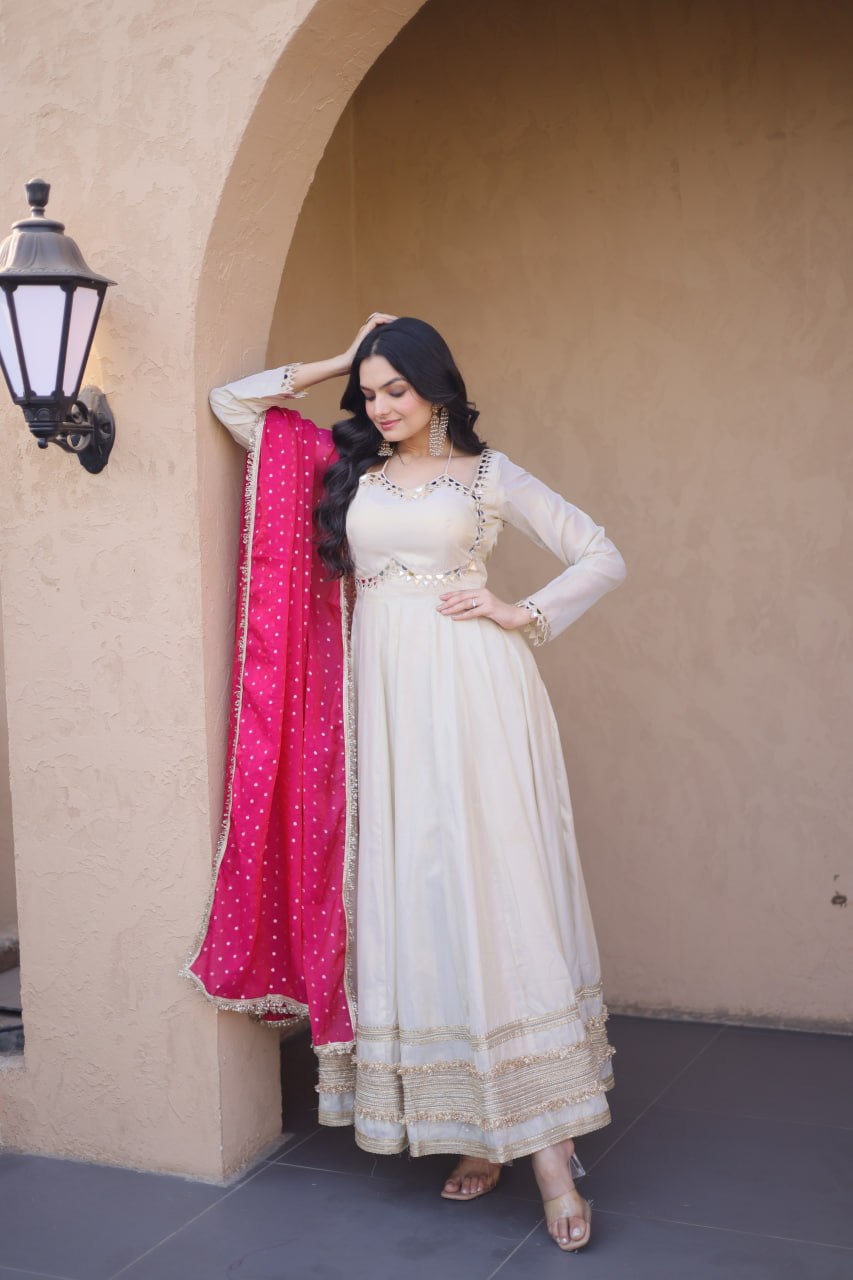 Traditional Mirror Work Cosmos Gown Set With Designer Lace Dupatta
