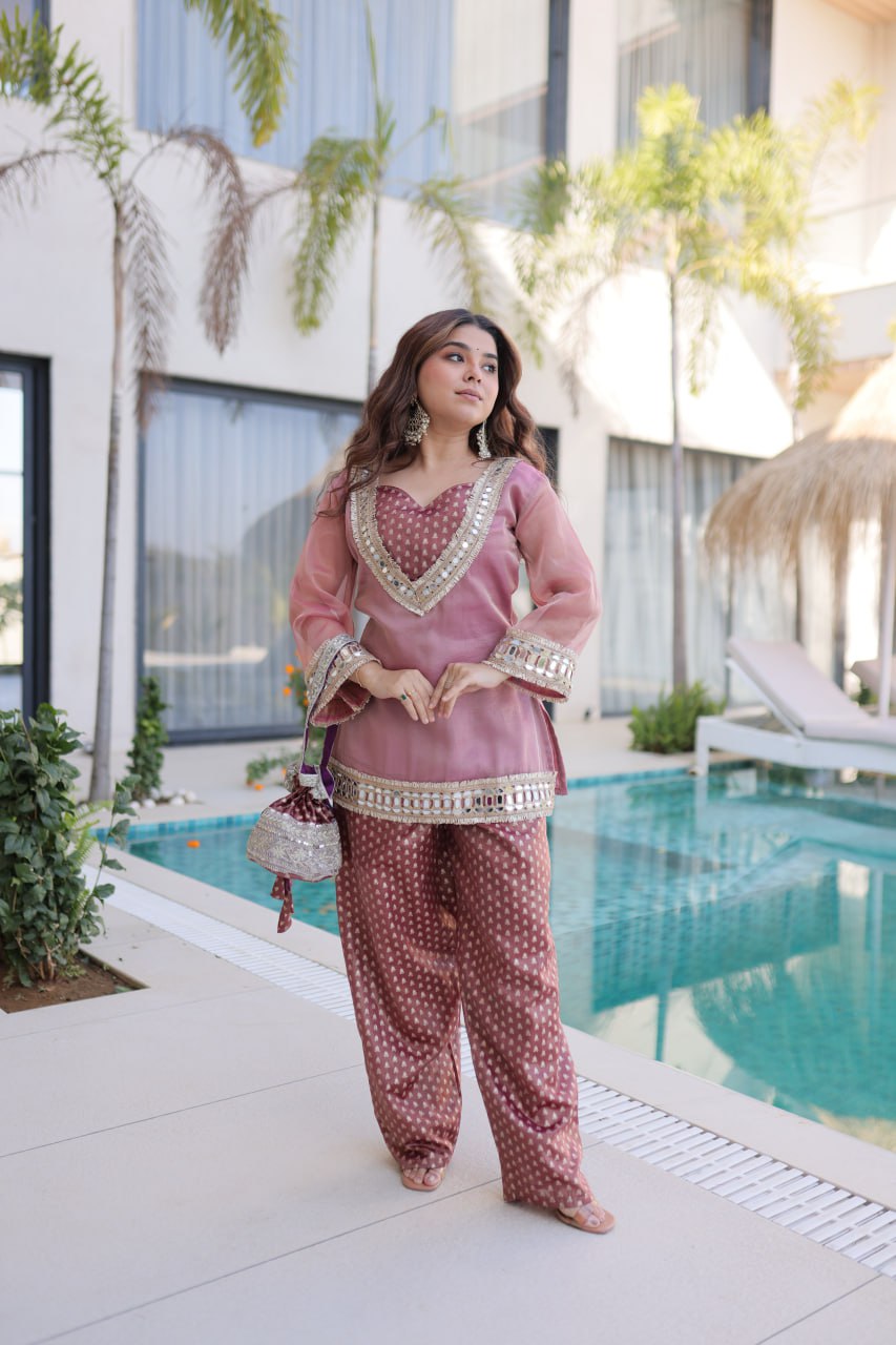 Statement Mirror Work Top Pant Set with Jacquard Batwa
