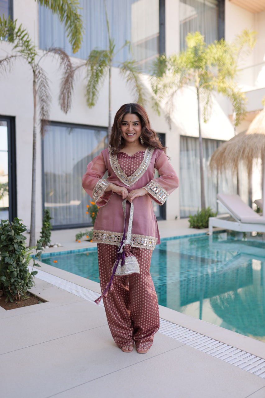 Statement Mirror Work Top Pant Set with Jacquard Batwa
