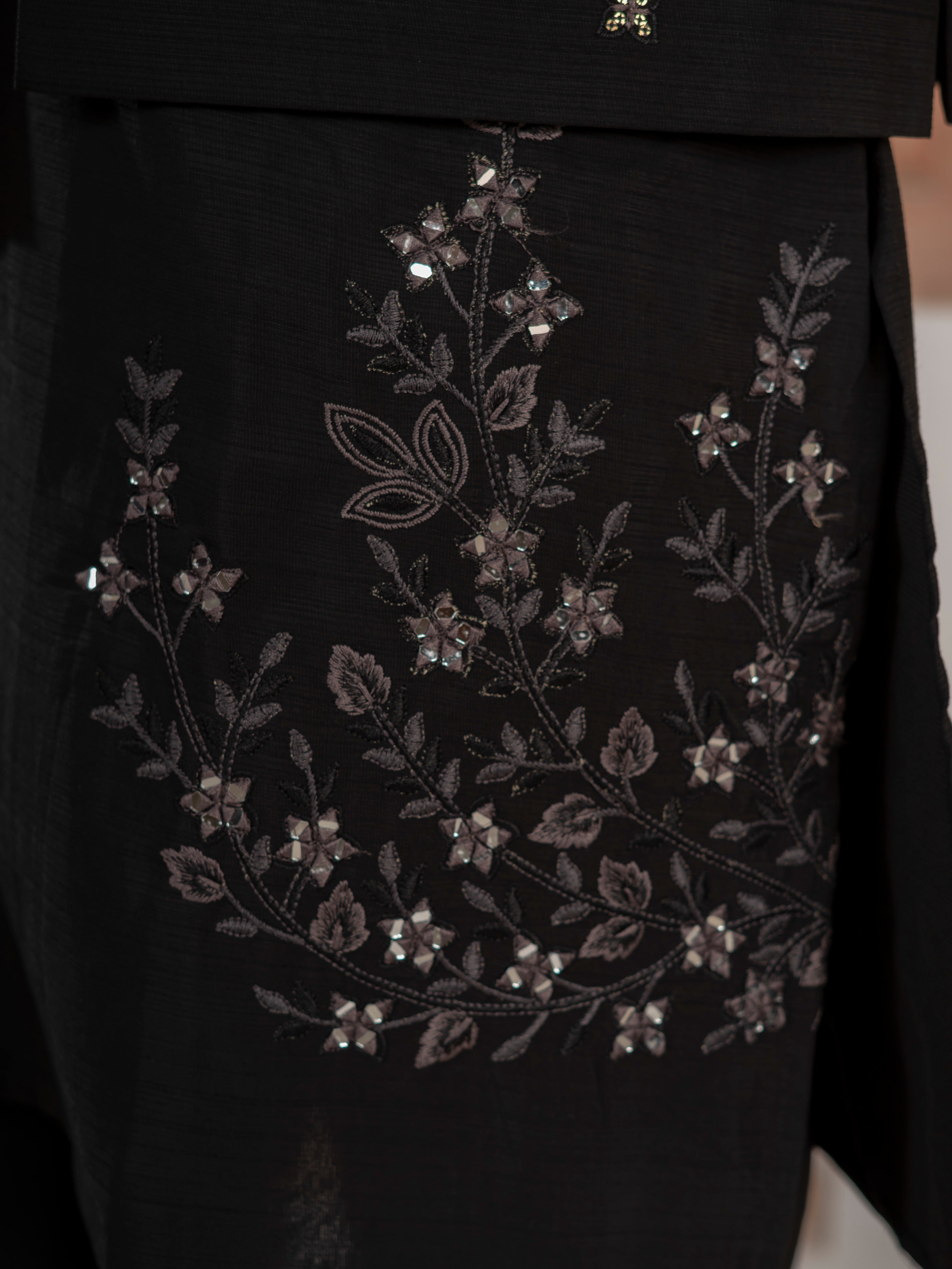 Modern Black Real Mirror Embroidery V-Neck Kurta Jacket & Pant
