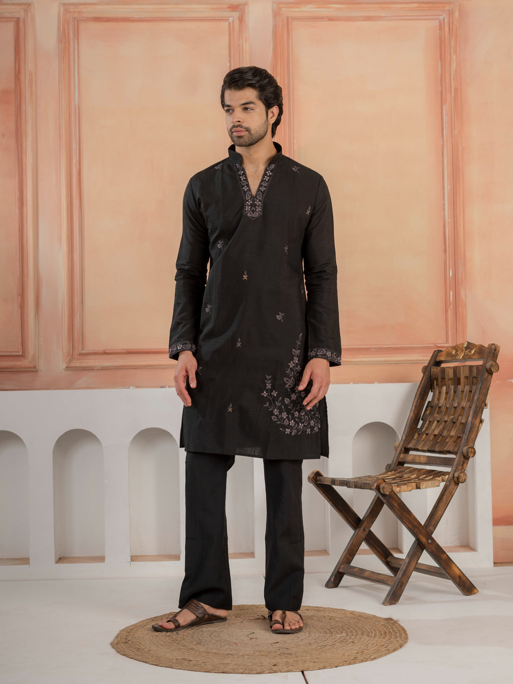 Modern Black Real Mirror Embroidery V-Neck Kurta Jacket & Pant
