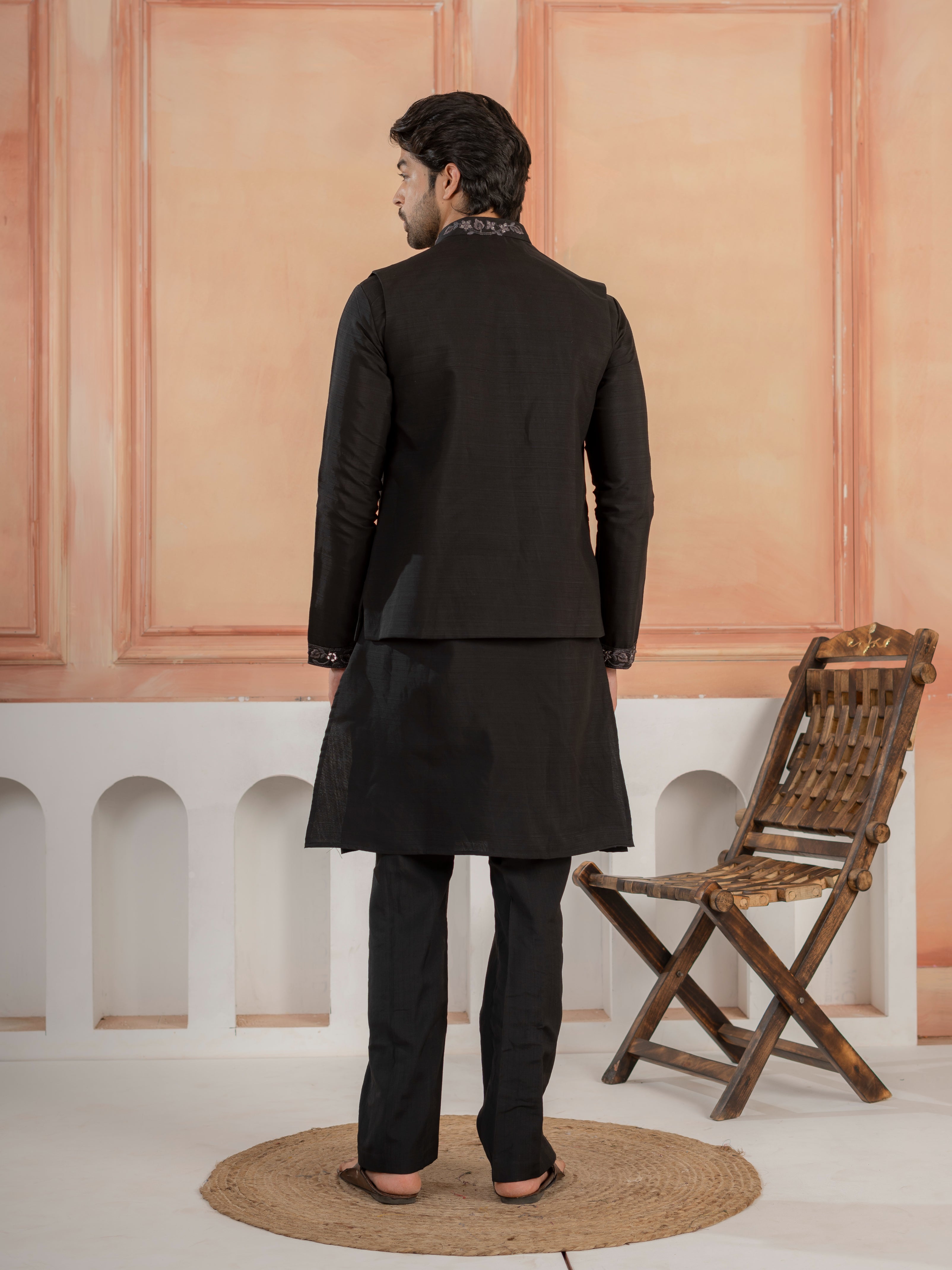 Modern Black Real Mirror Embroidery V-Neck Kurta Jacket & Pant

