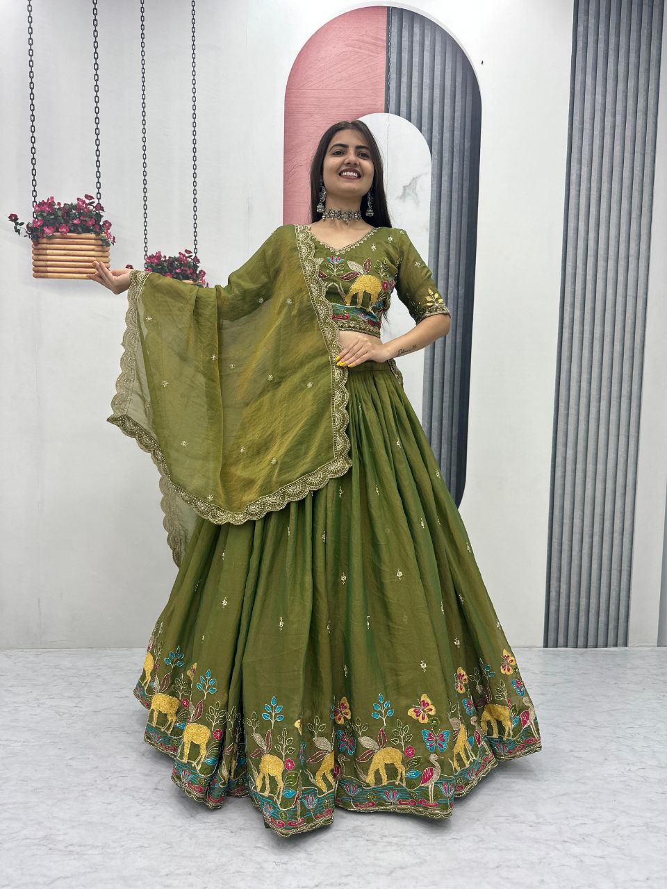 Festive Moss Shimmer Embroidered Lehenga Choli Set with Dupatta