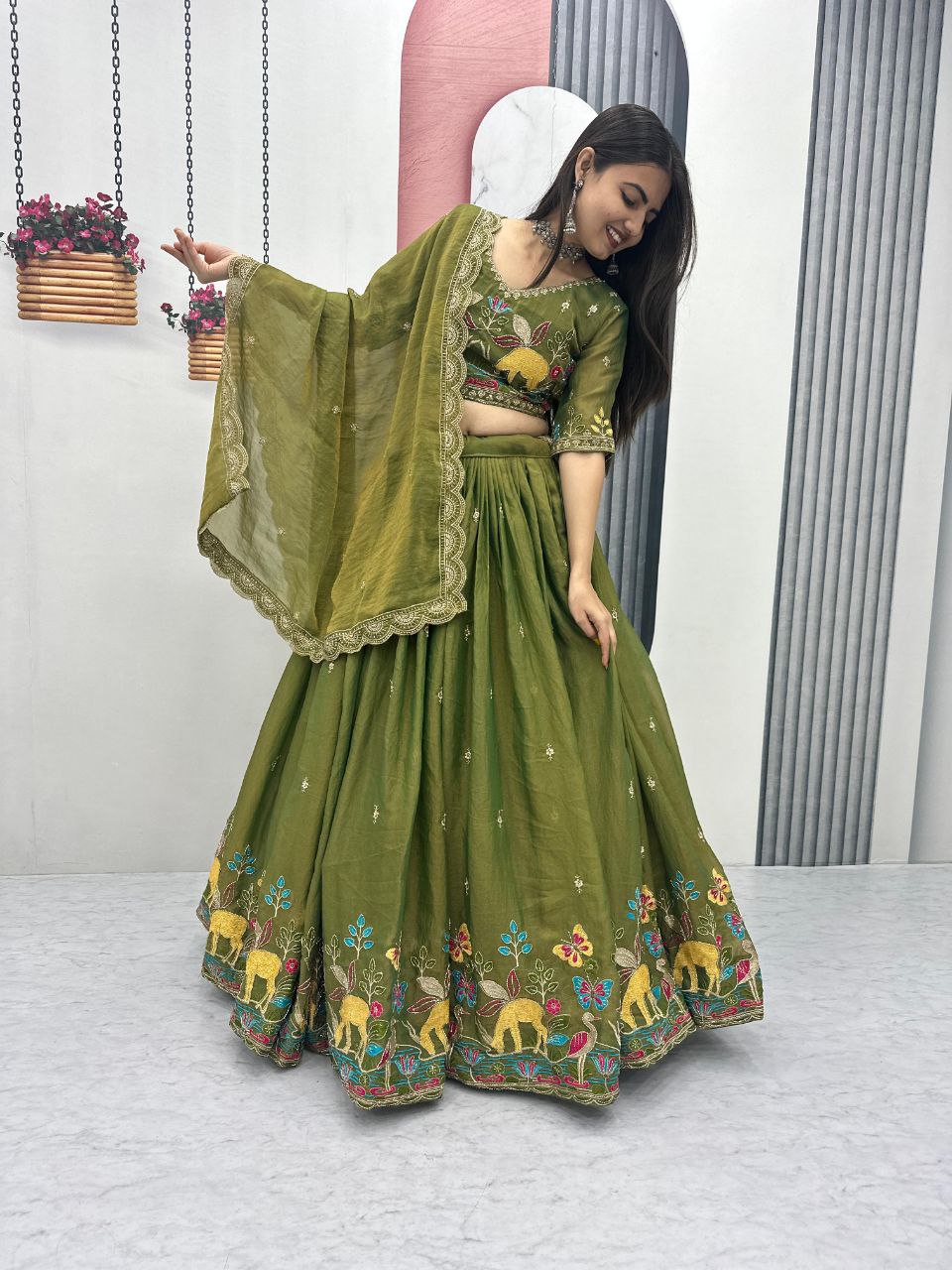 Festive Moss Shimmer Embroidered Lehenga Choli Set with Dupatta