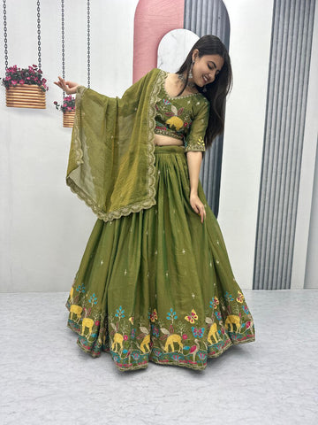 Festive Moss Shimmer Embroidered Lehenga Choli Set with Dupatta