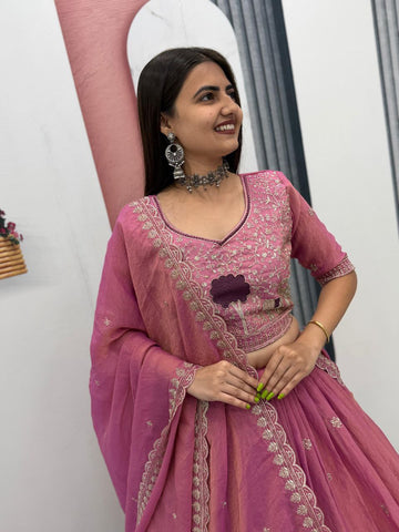 Heavy Thread Embroidery Moss Shimmer Fabric Lehenga Choli with Dupatta