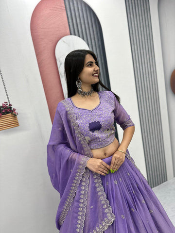 Heavy Thread Embroidery Moss Shimmer Fabric Lehenga Choli with Dupatta