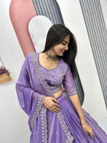 Heavy Thread Embroidery Moss Shimmer Fabric Lehenga Choli with Dupatta