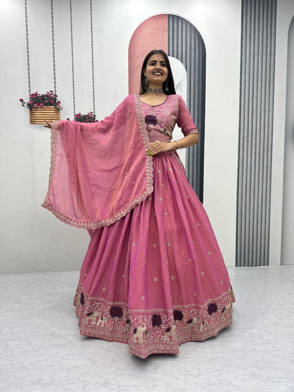 Heavy Thread Embroidery Moss Shimmer Fabric Lehenga Choli with Dupatta